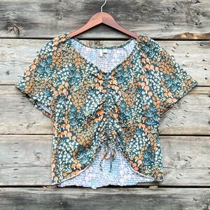 CATO Teal Mushroom Pattern Cinch Front Short Sleeve Blouse Women’s Large